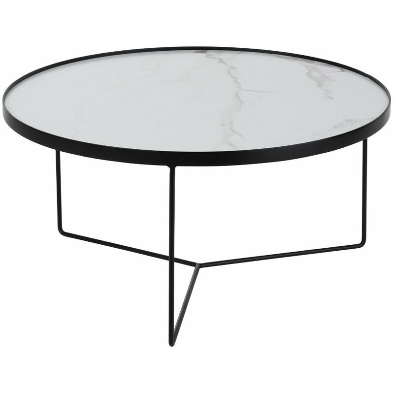 Table basse ronde BAPE en métal noir et MDF marbré blanc. - blanc