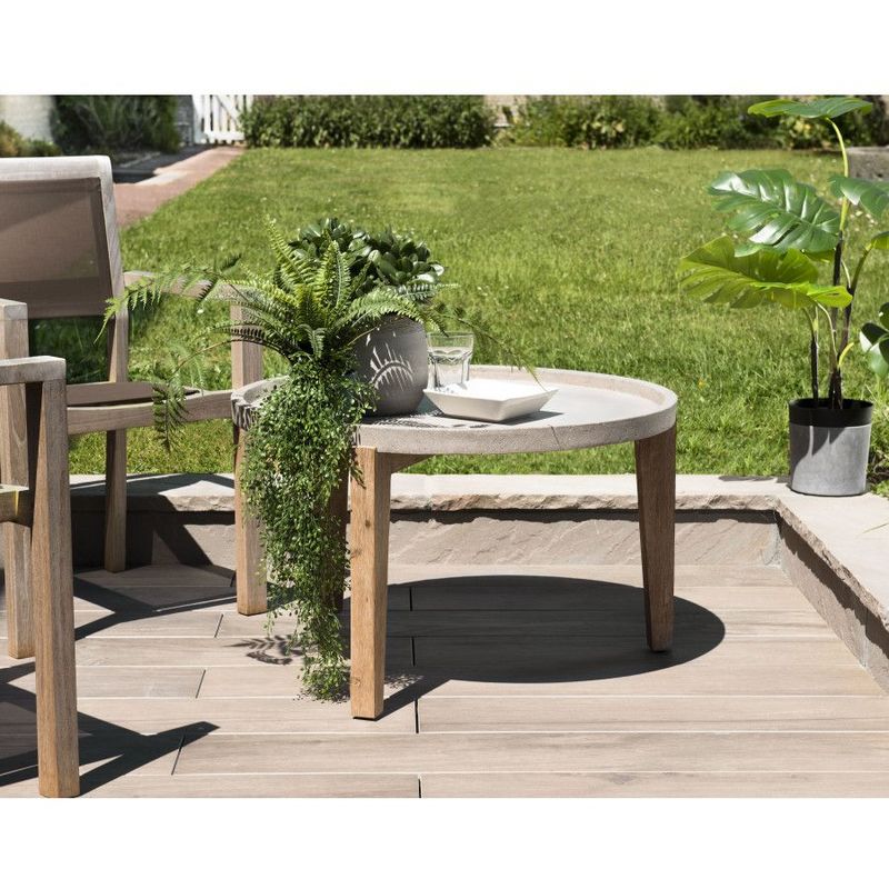 HANS - Table basse de jardin ronde béton 81x81 cm pieds en bois acacia - Gris