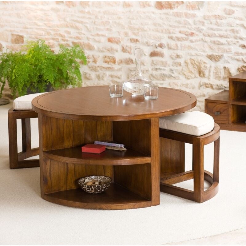 Macabane - eden - Table basse ronde marron 2 tabourets avec coussins écrus bois Mindi
