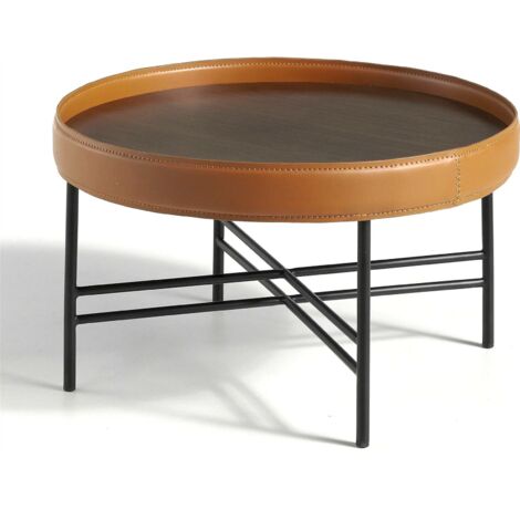 Table basse ronde bois anneau circulaire rembourré de cuir pieds acier peint époxy - Noyer, cognac