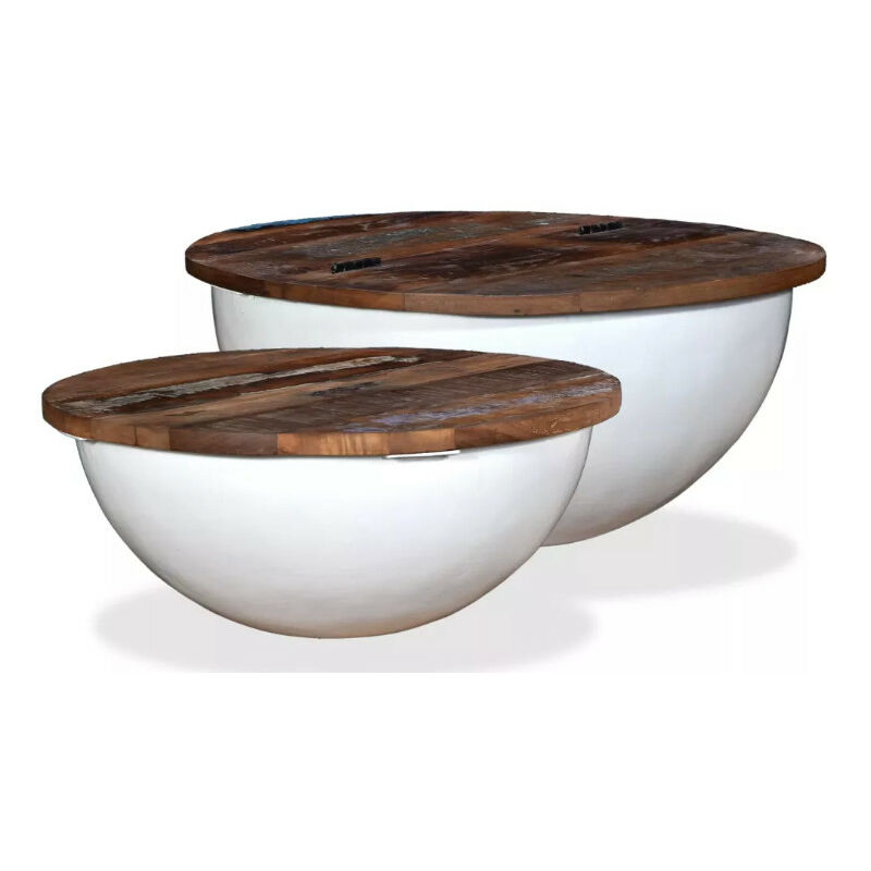 Table basse ronde bois foncé recyclé et métal blanc Leh - Lot de 2 Table basse ronde bois foncé recyclé et métal blanc Leh - Lot de 2