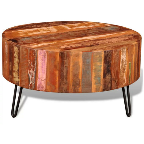 Table basse ronde bois massif foncé recyclé et métal noir Inah