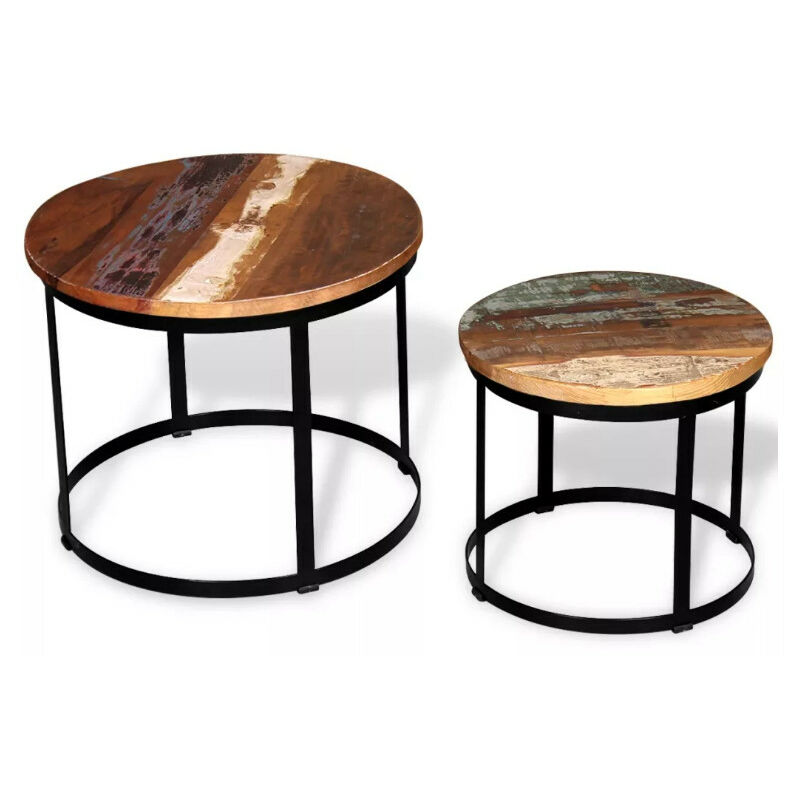 Table basse ronde bois massif recyclé et métal noir Mista - Lot de 2 Table basse ronde bois massif recyclé et métal noir Mista - Lot de 2