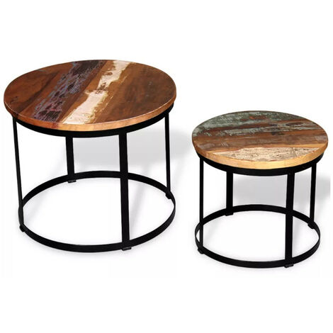 Table basse ronde bois massif recyclé et métal noir Mista - Lot de 2