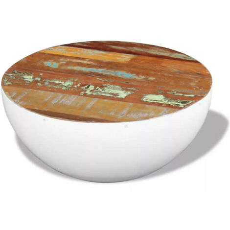 Table basse ronde bois massif recyclé et pieds métal blanc Leh