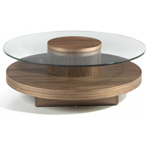 Table basse ronde bois plateau en verre trempé - Noyer, transparent