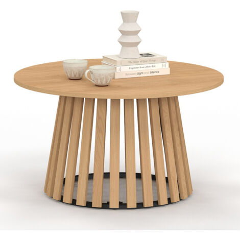 IDMARKET Table basse ronde CARMEN 70 cm pied bois en lattes et plateau bois