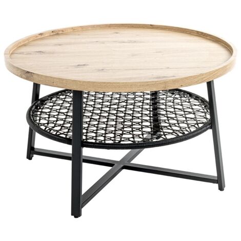 Table basse ronde coloris chêne et métal noir - Diamètre 75 x Hauteur 45 cm