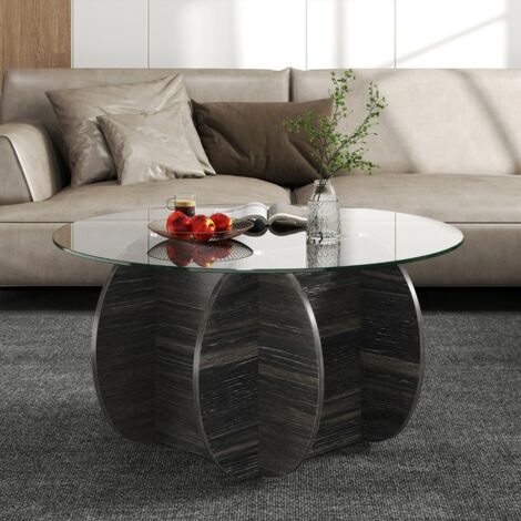 Table Basse Ronde de 89cm Table d'Appoint avec Plateau en Verre Trempé Base en Bois Massif Compartiment de Rangement Caché Charge 100kg Noir