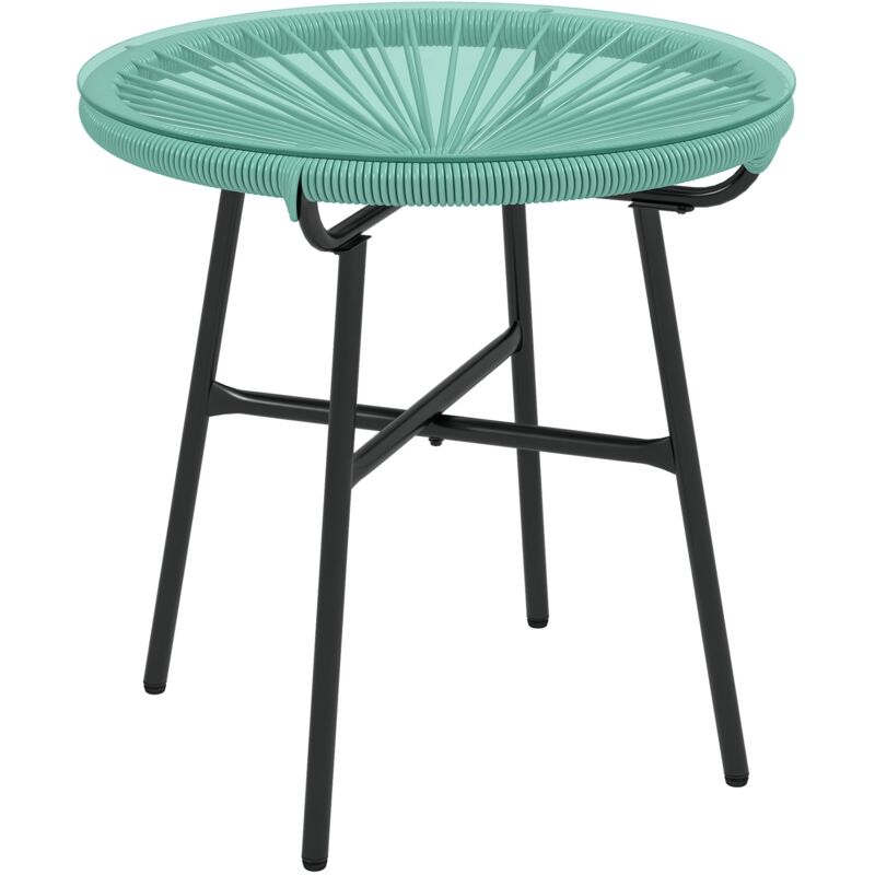 Outsunny - Table basse ronde de jardin en résine aspect rotin métal et plateau verre trempé ø 50 x 50H cm vert turquoise
