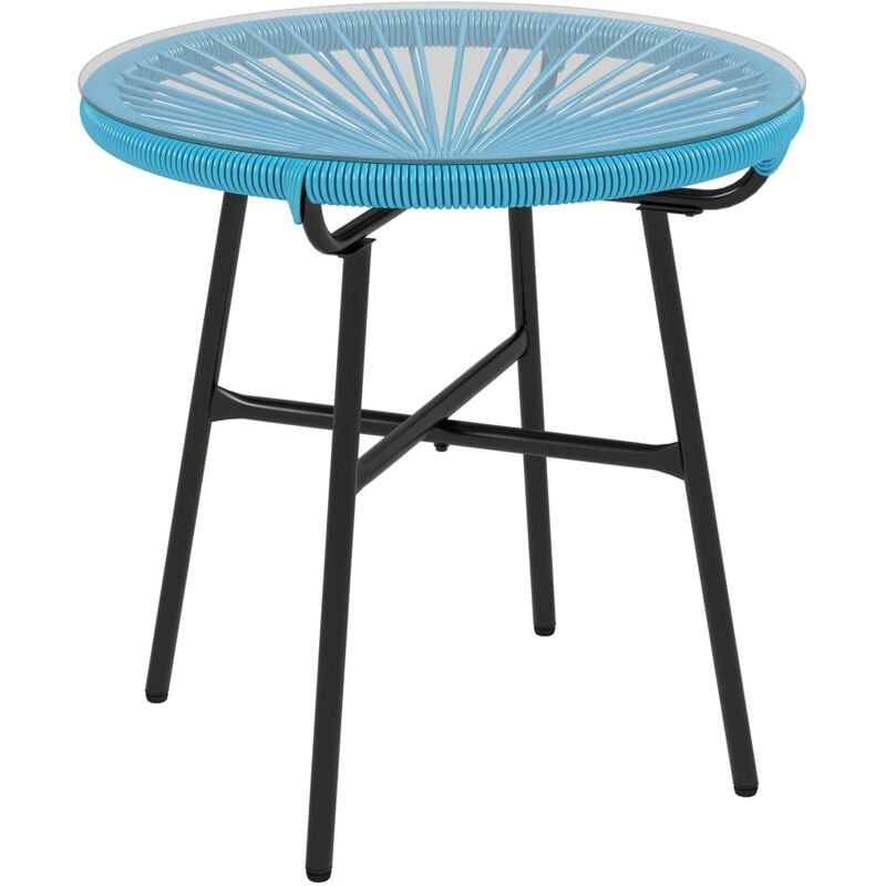 Outsunny - Table basse ronde de jardin en résine aspect rotin métal et plateau verre trempé ø 50 x 50H cm bleu