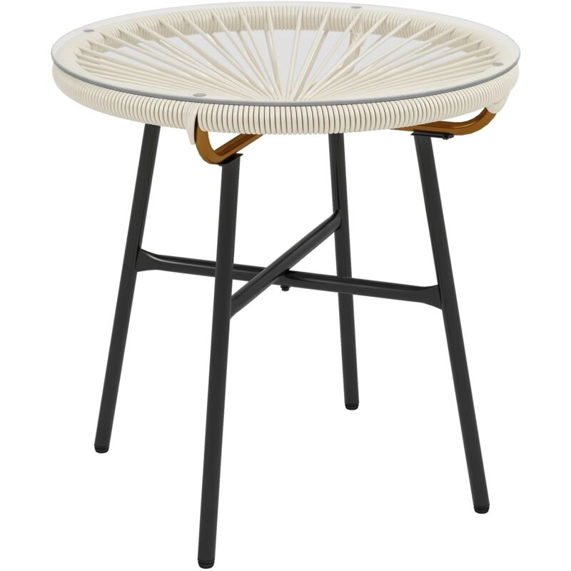 Outsunny - Table basse ronde de jardin en résine aspect rotin métal et plateau verre trempé ø 50 x 50H cm crème