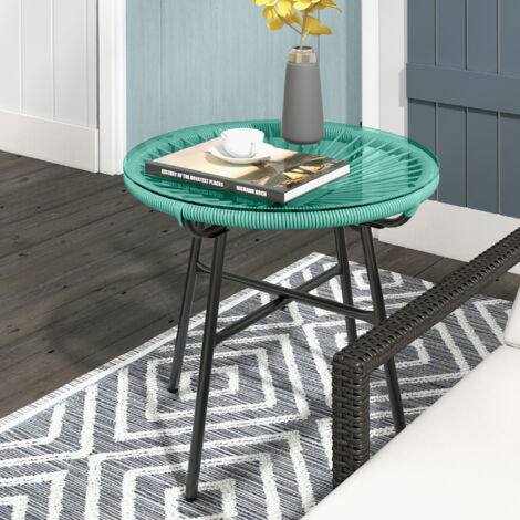 Table basse ronde de jardin en résine aspect rotin métal et plateau verre trempé Ø 50 x 50H cm