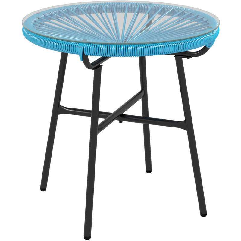 Table basse ronde de jardin en résine aspect rotin métal et plateau verre trempé ø 50 x 50H cm bleu - Bleu