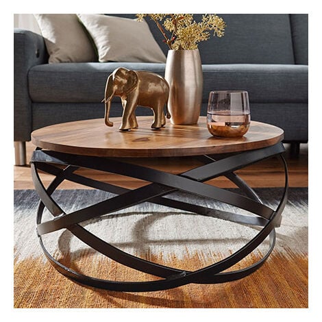 Table basse ronde design 60x30 cm en sheesham massif et métal