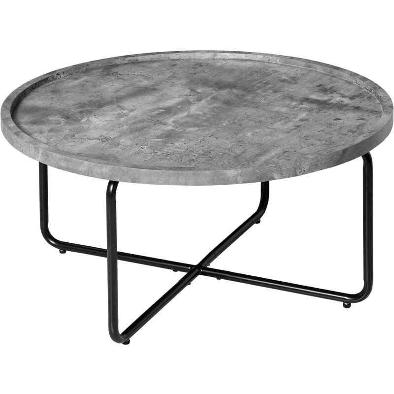 Table basse ronde design dim. Ø 80 x 41H cm piètement croisé métal noir plateau MDF effet béton ciré