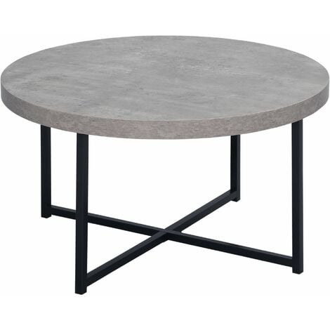 Table basse ronde design dim. Ø 80 x 45H cm piètement croisé métal noir plateau MDF effet béton ciré - Gris