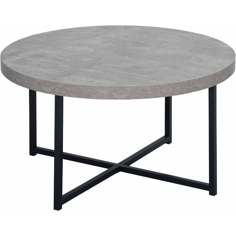 Table basse ronde design dim. ø 80 x 45H cm piètement croisé métal noir plateau mdf effet béton ciré