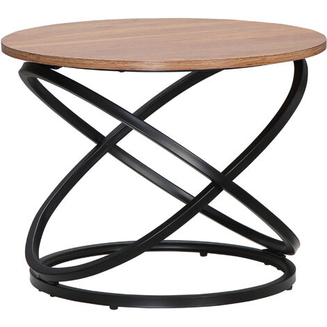 Table basse ronde design industriel néo-rétro Ø 60 X 46H cm acier anneaux noir aspect chêne clair - Beige