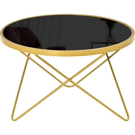 Table basse ronde design style art déco Ø 65 x 40H cm plateau verre trempé noir châssis acier doré - Noir