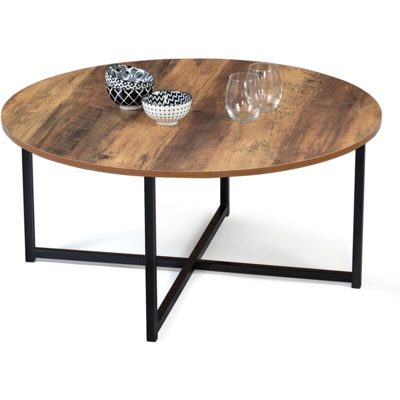 Table basse ronde hawkins 80 cm bois foncé design industriel