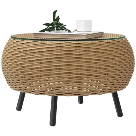 Table basse ronde d'extérieur en polyrotin avec plateau verre Ø75 x 42 cm marron