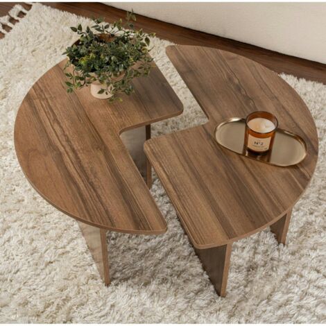 Table basse ronde effet bois de noyer - design puzzle MARFA