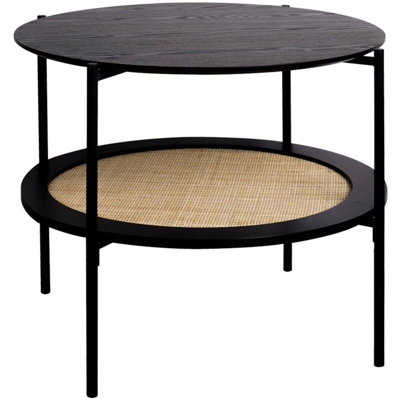 Sweeek - Table basse coloris noir vintage double plateaux effet bois et cannage. piètement et structure en métal noir
