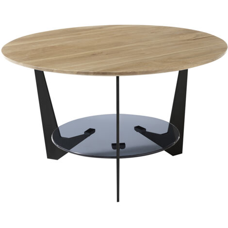 Table basse ronde en bois coloris chêne, verre et métal laqué coloris noir mat - diamètre 70 x profondeur 40 cm