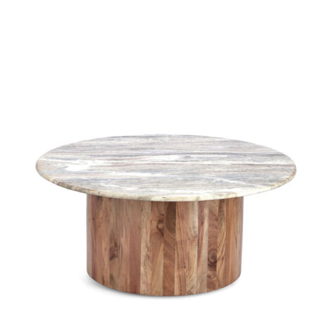 Table basse ronde en bois d'acacia et marbre beige D80 - JOANA