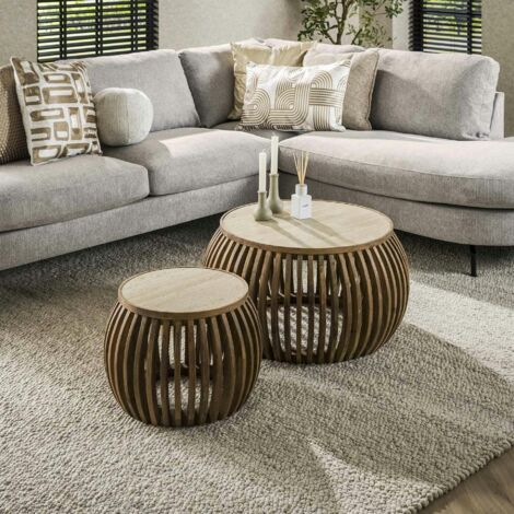 Table basse ronde en bois de manguier et céramique (lot de 2) ASCOLI