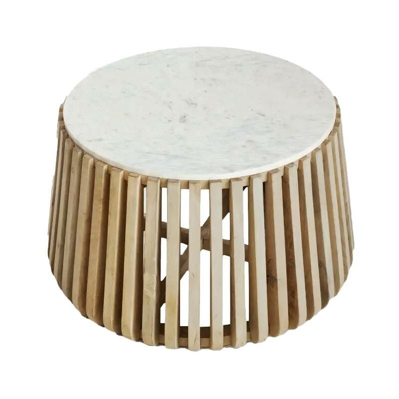 Made In Meubles - Table basse ronde en bois de manguier et marbre blanc Moana