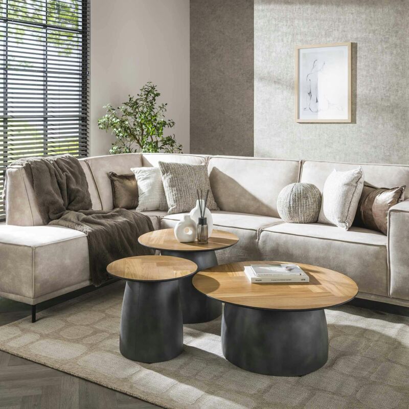 Pier Import - Table basse ronde en bois de teck et métal motif chevron (lot de 3) maya