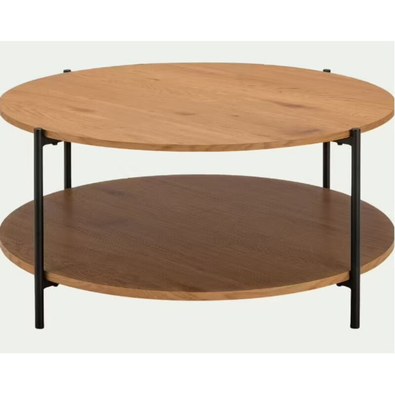 Pegane - Table basse ronde en bois mdf et métal noir - diamètre 90 x Hauteur 42,50 cm