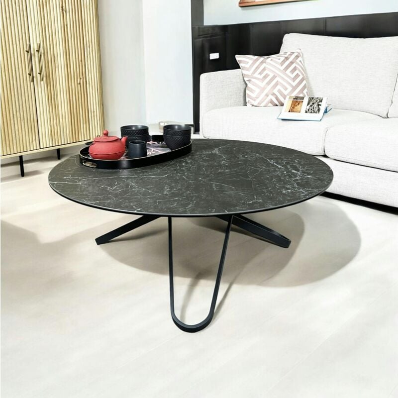 Table basse ronde en céramique marbrée anthracite lombardie