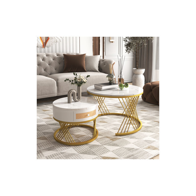 Table basse ronde en MDF 2 en 1, table d'appoint avec plateau en marbre et tiroir en rotin en plastique, poignée en bois massif. Pieds en fer