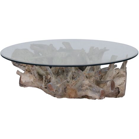 Table basse ronde en racine de teck SOUCHE Ø120cm et plateau en verre - 120x120x42 cm - Kayu Meuble