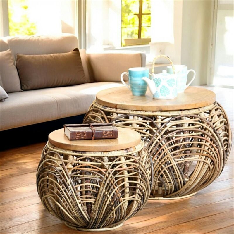 Table basse ronde en rotin (lot de 2)