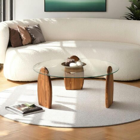Table basse ronde en verre - 3 pieds bois brun ANZIO