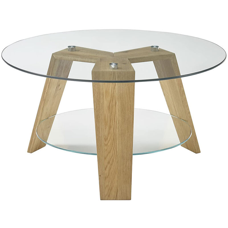 Table basse ronde en verre clair et chêne massif - L.75 x H.40 x P.75 cm -PEGANE-