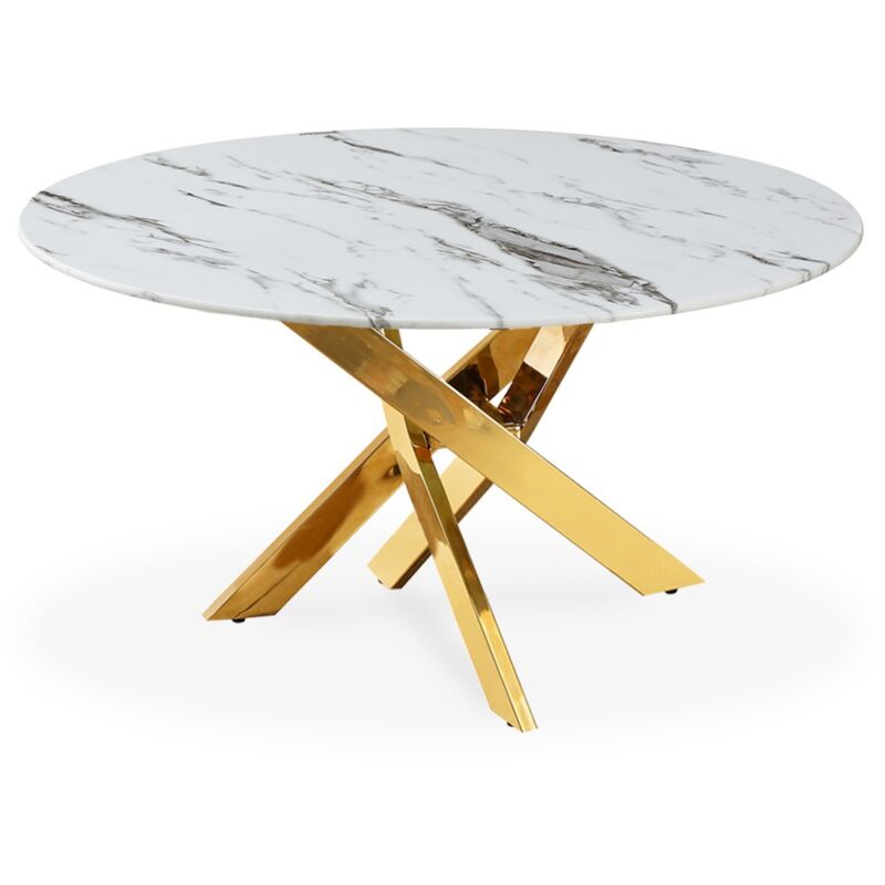 Intensedeco - Table basse ronde en verre effet marbre et pieds doré Holy