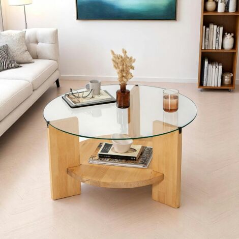 Table basse ronde en verre et bois clair - 2 plateaux ANZIO