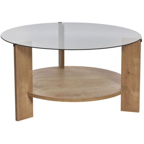 Table basse ronde en verre fumé et bois ø75cm - Bois clair - Ria