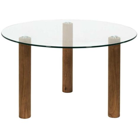 Table basse ronde en verre trempé pieds en hévéa - INAYA