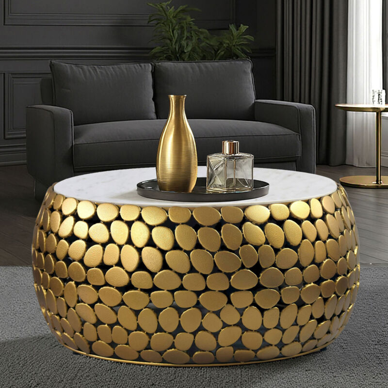 Table basse ronde galet 66x66x32 cm en marbre et aluminium doré Table basse ronde galet 66x66x32 cm en marbre et aluminium doré