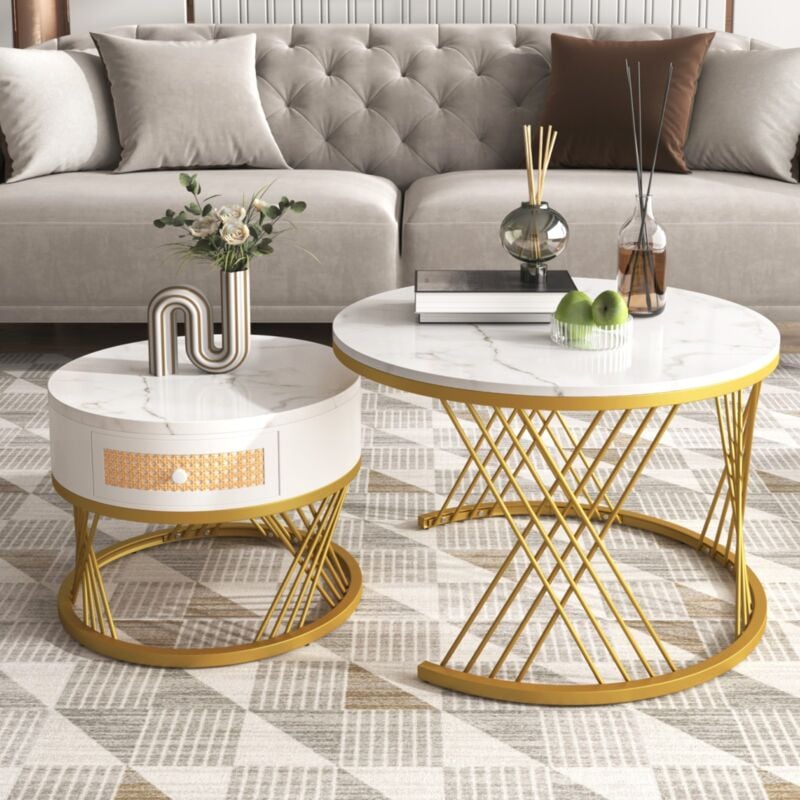 Eifson - Lot de 2 Ronde Table basse gigogne, plateau marbre, tiroirs en rotin plastique, poignées en bois massif, pieds dorés, 70x70x45,5+50x50x38,5