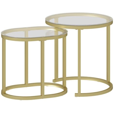 Table Basse Ronde Gigogne Lot de 2 Tables Plateau MDF avec Cadre en Acier Doré pour Salon et Chambre