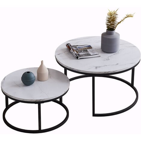 Table basse ronde gigogne moderne lot de 2 - Cadre en métal, panneau à motif marbré - Grande table : 80 x 45 cm, Petite table : 60 x 33 cm