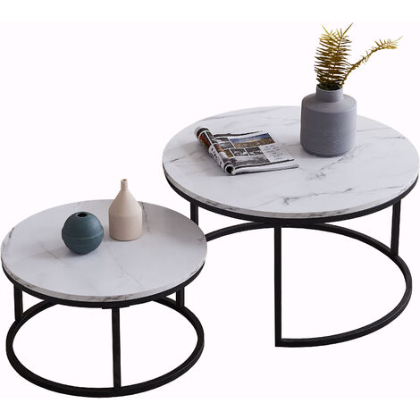 Table Basse Ronde Gigogne Moderne, Structure en Métal Noir avec Dessus en Couleur Marbre-80cm-Blanc - Blanc