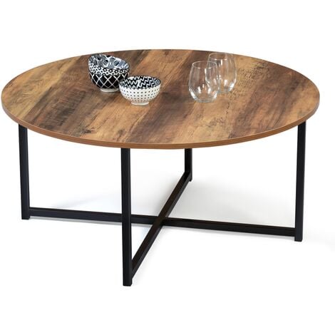 Table basse ronde HAWKINS 80 cm bois foncé design industriel - Multicolore